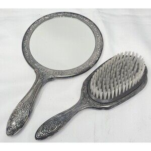 Vtg Silverplate Vanity Set 8" Brush & 9" Hand Mirror Floral Ornate Design Heavy